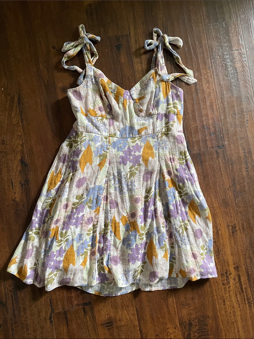 Floral Tie-Shoulder Sundress in Lavender, Mustard, blue & Green